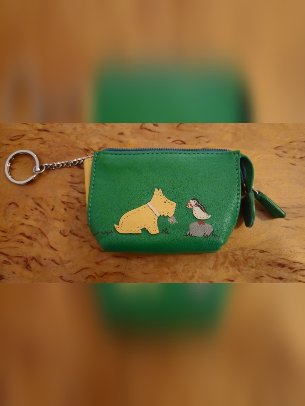 RADLEY LONDON Green Coin Purse with Yellow Dog and Bird Motif
